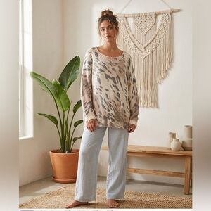 Umgee Plus Boho Distressed Oversized Knit Sweater XL Pink Grey Leopard